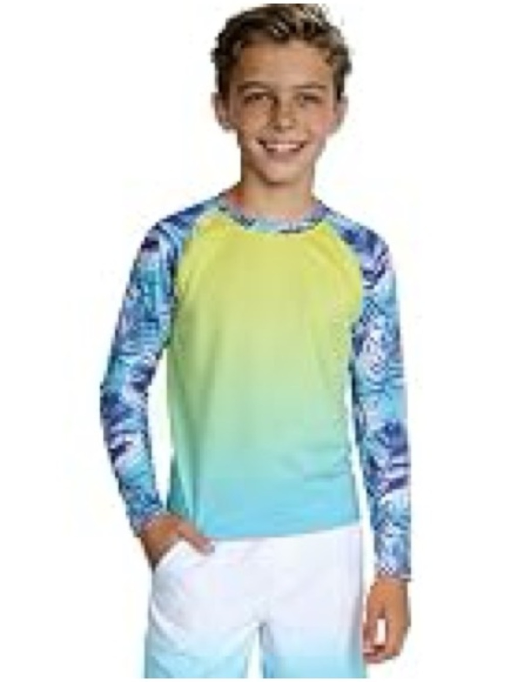 NWT Boys Swim Shirt - Rash Guard - Size 10/11Y - Tropical - Green and Blue